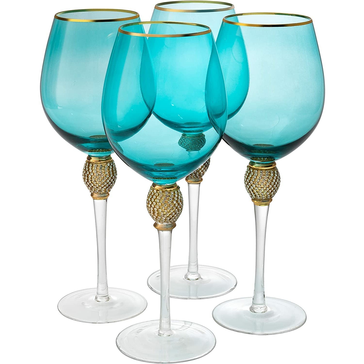 The Wine Savant Large Diamond Wine Glasses, 10" H Gold Rim Rhinestone Diamond Glasses - Wedding Glasses - 18 Ounce, Premium Designed Wine Glasses for Spirits and Wine, Gift Boxed (4, Blue)-4