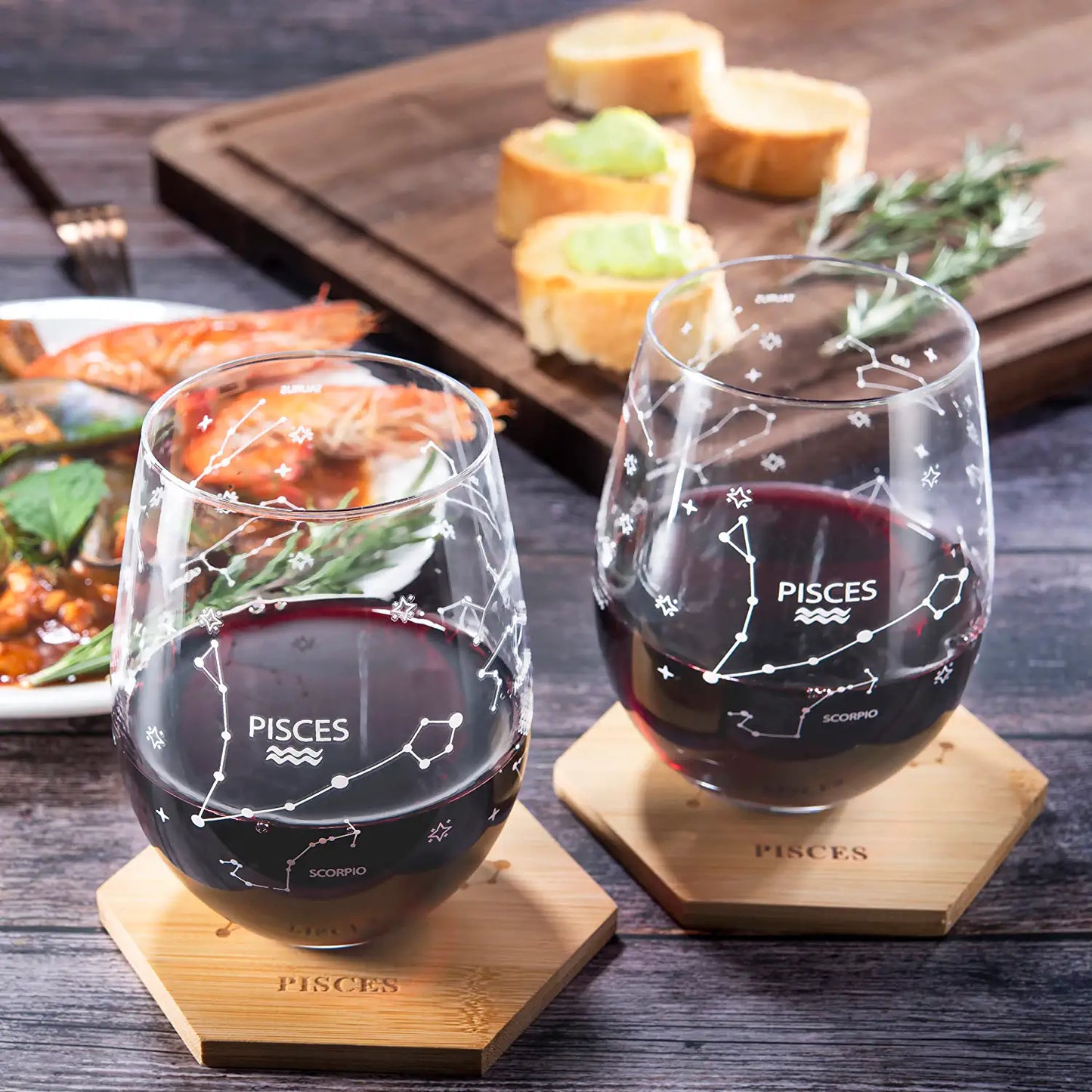 Set of 2 Zodiac Sign Wine Glasses with 2 Wooden Coasters by The Wine Savant - Astrology Drinking Glass Set with Etched Constellation Tumblers for Juice, Water Home Bar Horoscope Gifts 18oz (Pisces)-1