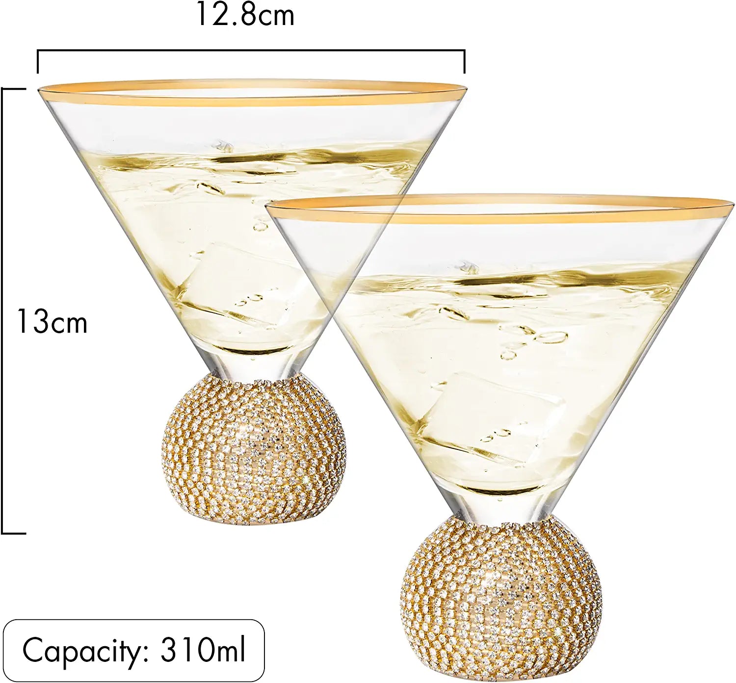 Diamond Studded Martini Glasses Set of 2 - The Wine Savant - Gold Rimmed Modern Cocktail Glass, Rhinestone Diamonds With Stemless Crystal Ball Base, Bar or Party 10.5oz, Swarovski Style Crystals-2