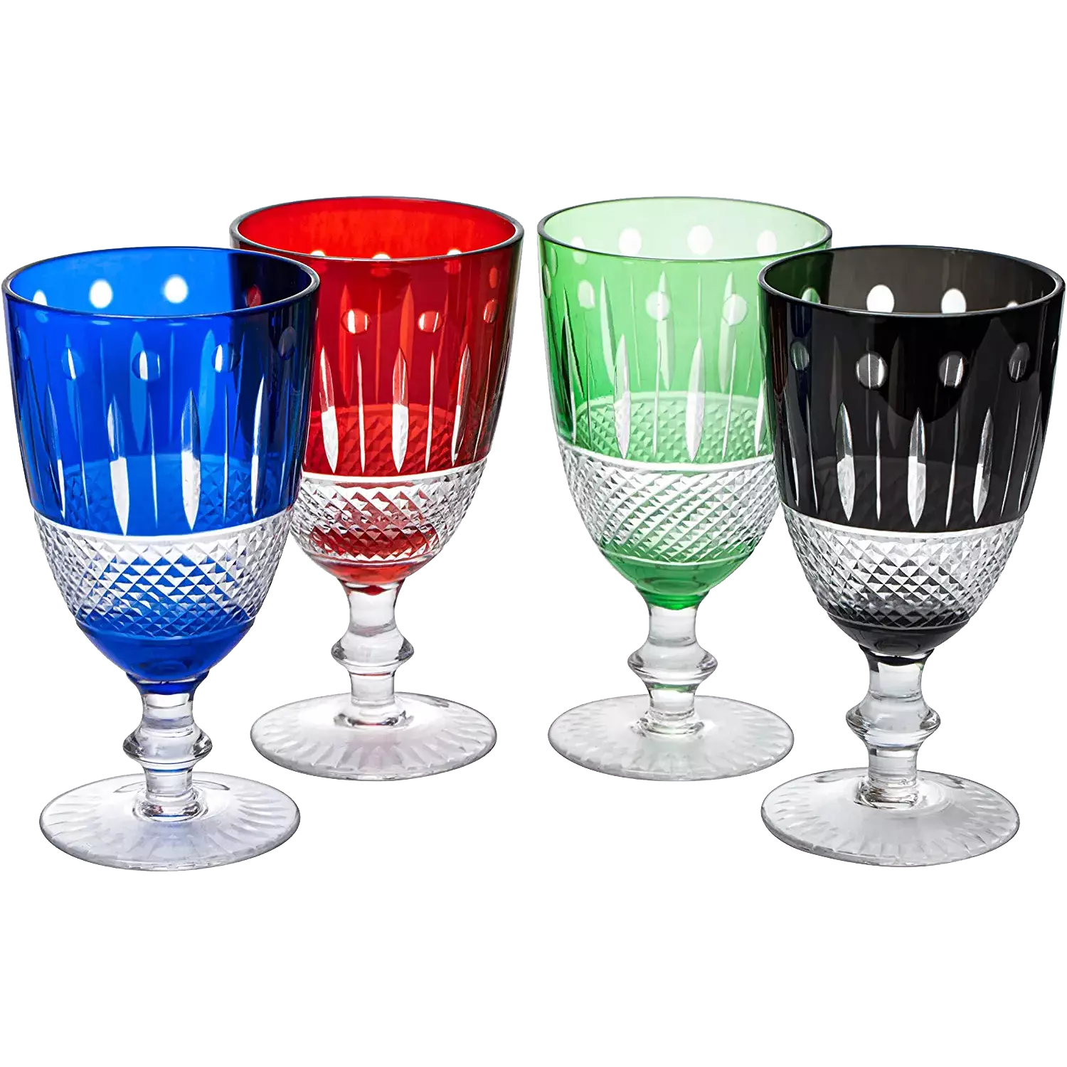 The Wine Savant Crystal Italian Multicolor Design Cups -Set of 4 Short Chalice Glasses 8oz 5.7" H Venetian Italian Style Red, Blue, Green, Black Glasses, Great for Dinner Parties, Bars & Weddings-0