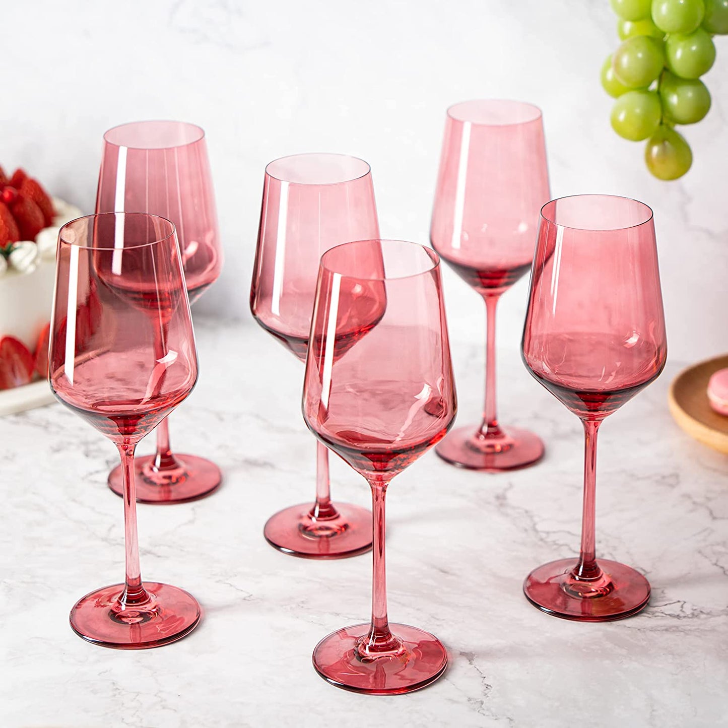 Set of 6 Colored Wine Glasses - 12 oz Hand Blown Italian Style Crystal Bordeaux Wine Glasses - Premium Stemmed Colored Glassware - Unique Drinking Glasses (6, Rose)-1