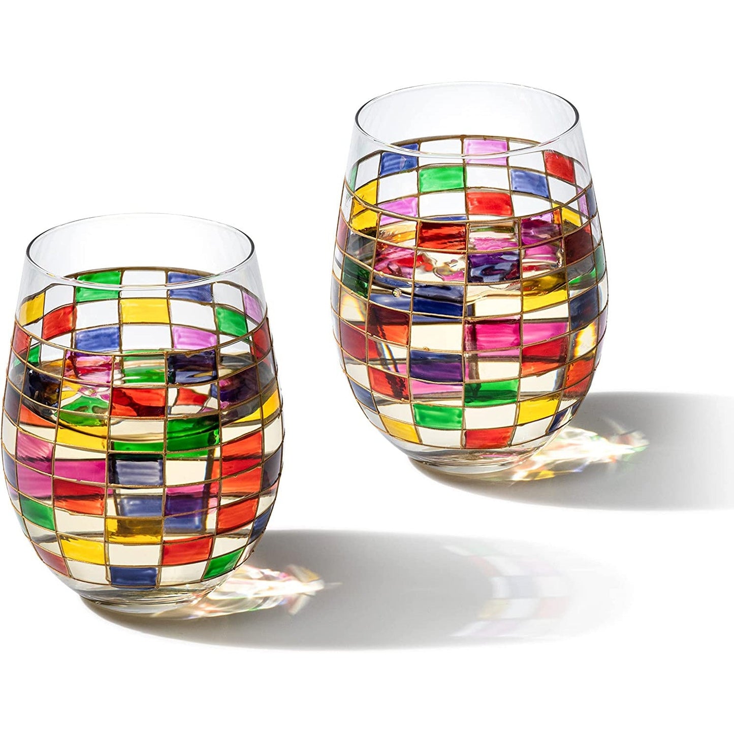 Renaissance Stained Wine Glasses Set of 2 by The Wine Savant - Festive Colorful Coffee Cups, Stained Window, Multicolored, Home Bar Gift, Colored Drinkware, Rainbow Glassware (Stemless)-5