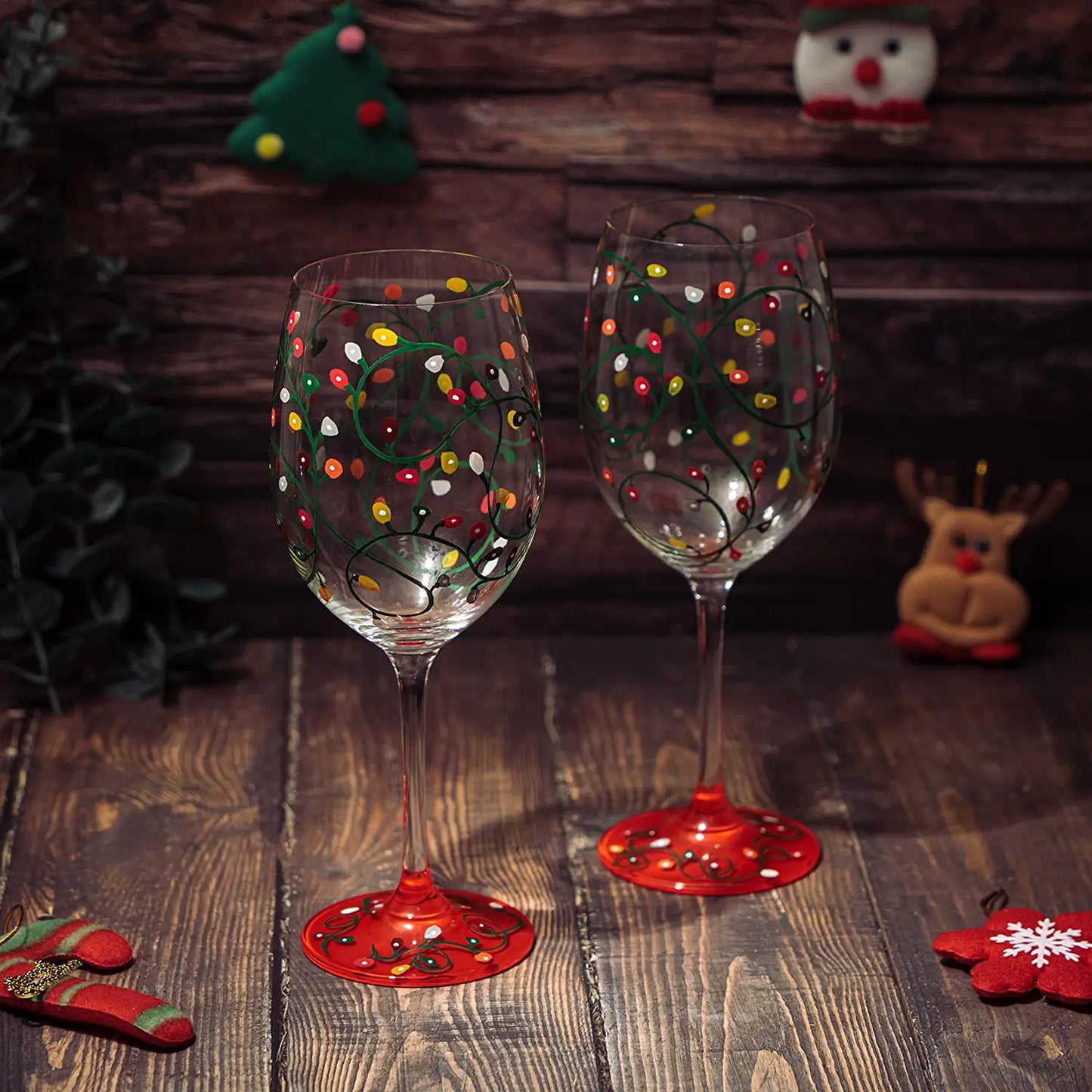Stemmed Christmas Lights Wine Glasses Set of 2 - Hand Painted Wine Glass Ornament Light Bulbs Glasses, Perfect for Wine, Champagne, Holiday Parties and Festivities - 9.5" High, 21 oz Capacity-2