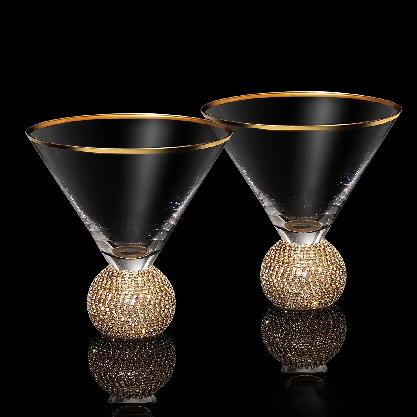 Diamond Studded Martini Glasses Set of 2 - The Wine Savant - Gold Rimmed Modern Cocktail Glass, Rhinestone Diamonds With Stemless Crystal Ball Base, Bar or Party 10.5oz, Swarovski Style Crystals-1