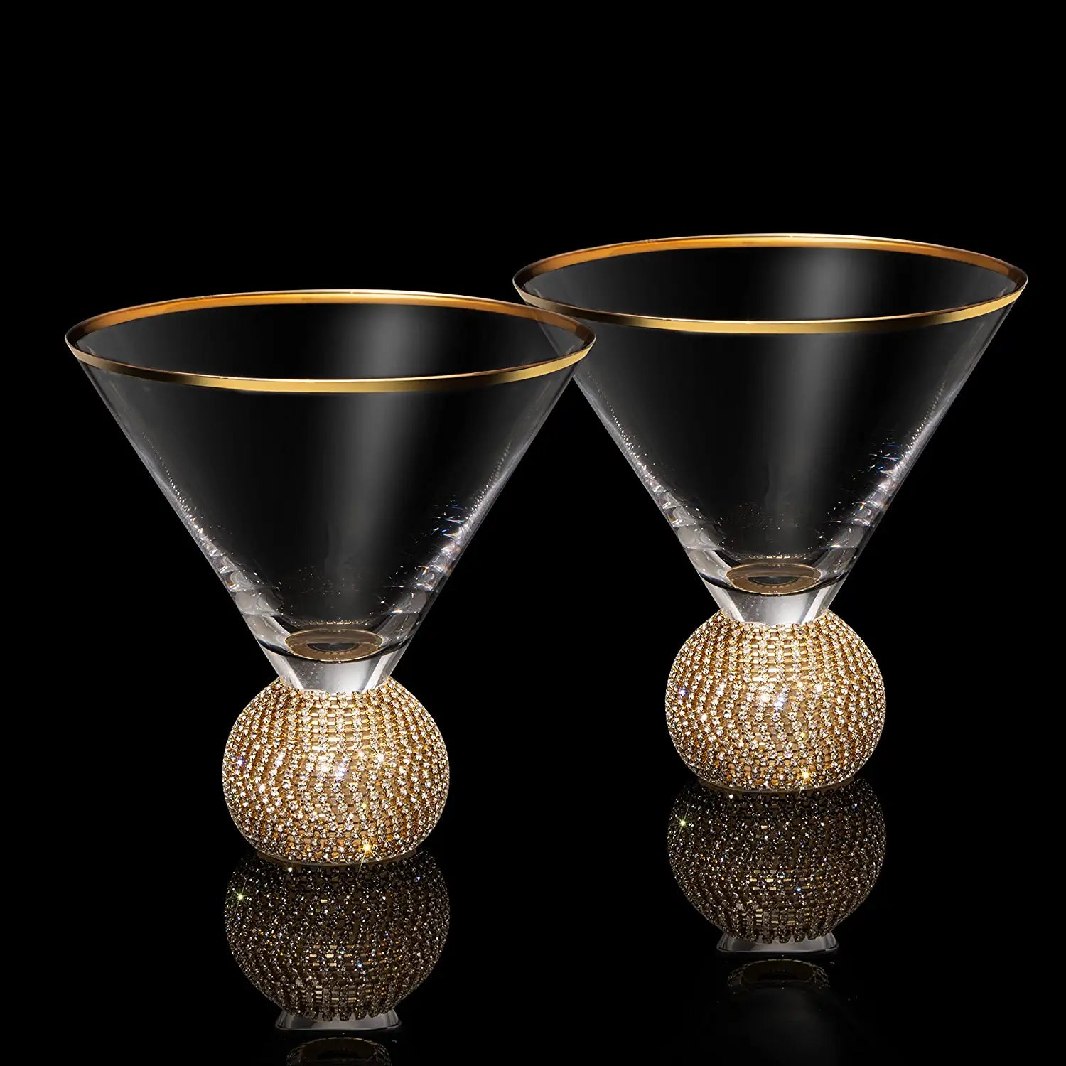 Diamond Studded Martini Glasses Set of 2 - The Wine Savant - Gold Rimmed Modern Cocktail Glass, Rhinestone Diamonds With Stemless Crystal Ball Base, Bar or Party 10.5oz, Swarovski Style Crystals-1