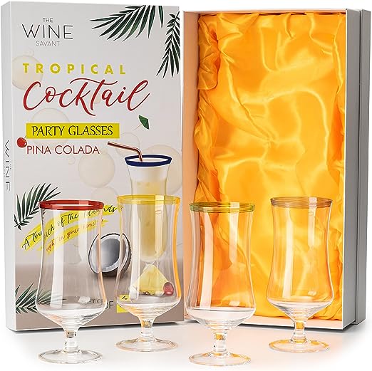 Hurricane Glasses, Large 17oz Pina Colada, Set of 4 Tropical Cocktail Tall Stemmed Crystal Glassware, Poco Grande Cups, Tulip Shaped for Bar Drinks, Daiquiri, Juice, Bloody Mary, Mai Tai, Cocktails-4