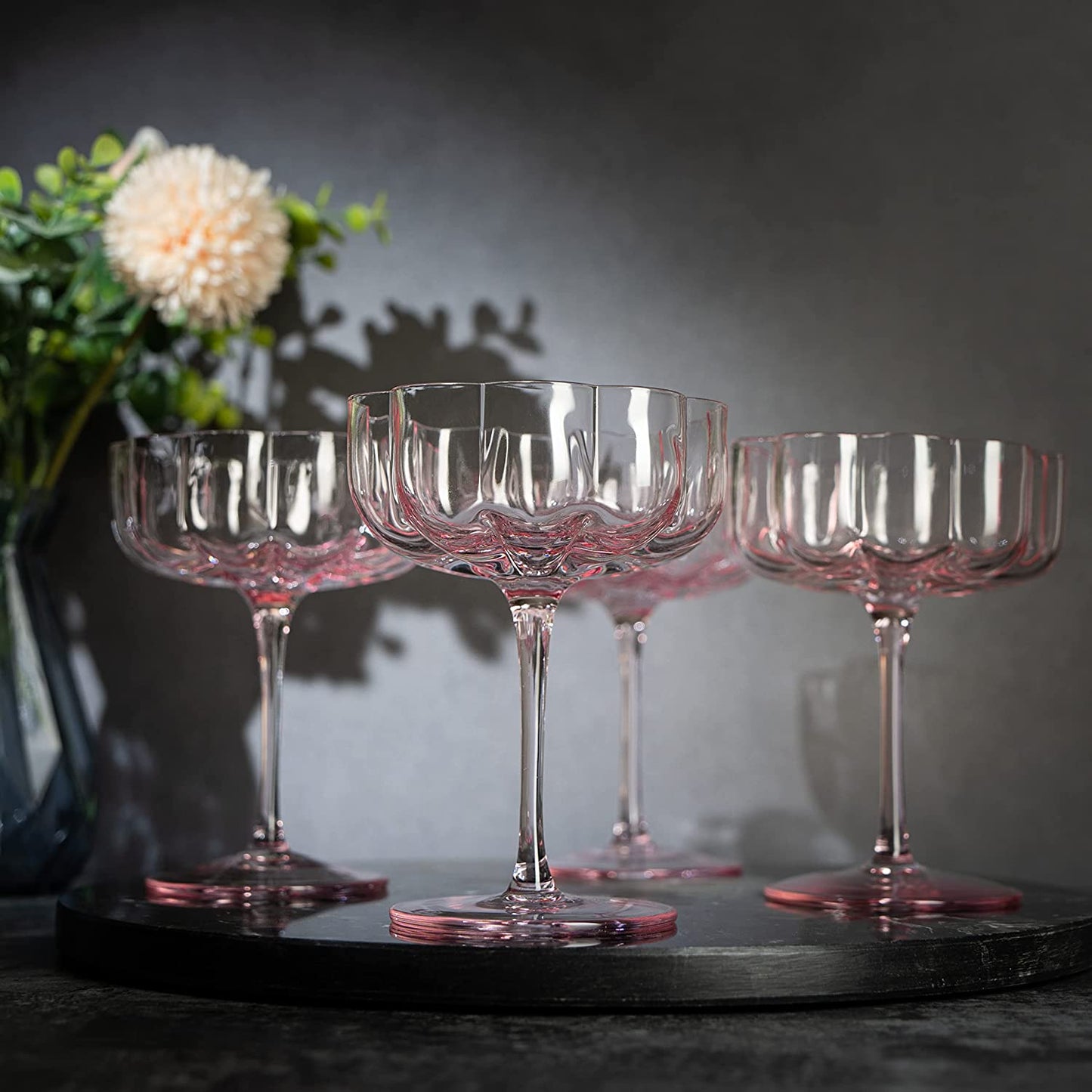 Flower Vintage Wavy Petals Wave Glass Coupes 7oz Colorful Cocktail, - Set of 4 - Rippled & Champagne Glasses, Prosecco, Martini, Mimosa, Cocktail Set, Bar Glassware Copyright & Patent Pending (Pink)-4