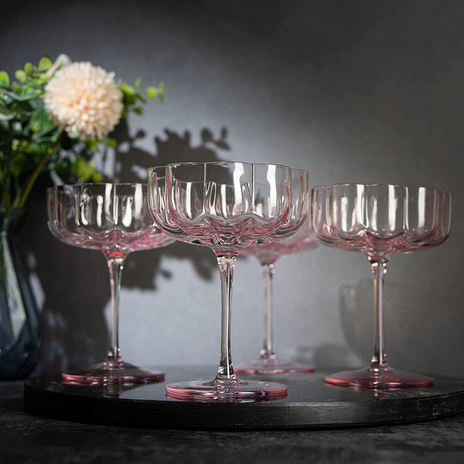 Flower Vintage Wavy Petals Wave Glass Coupes 7oz Colorful Cocktail, - Set of 4 - Rippled & Champagne Glasses, Prosecco, Martini, Mimosa, Cocktail Set, Bar Glassware Copyright & Patent Pending (Pink)-4