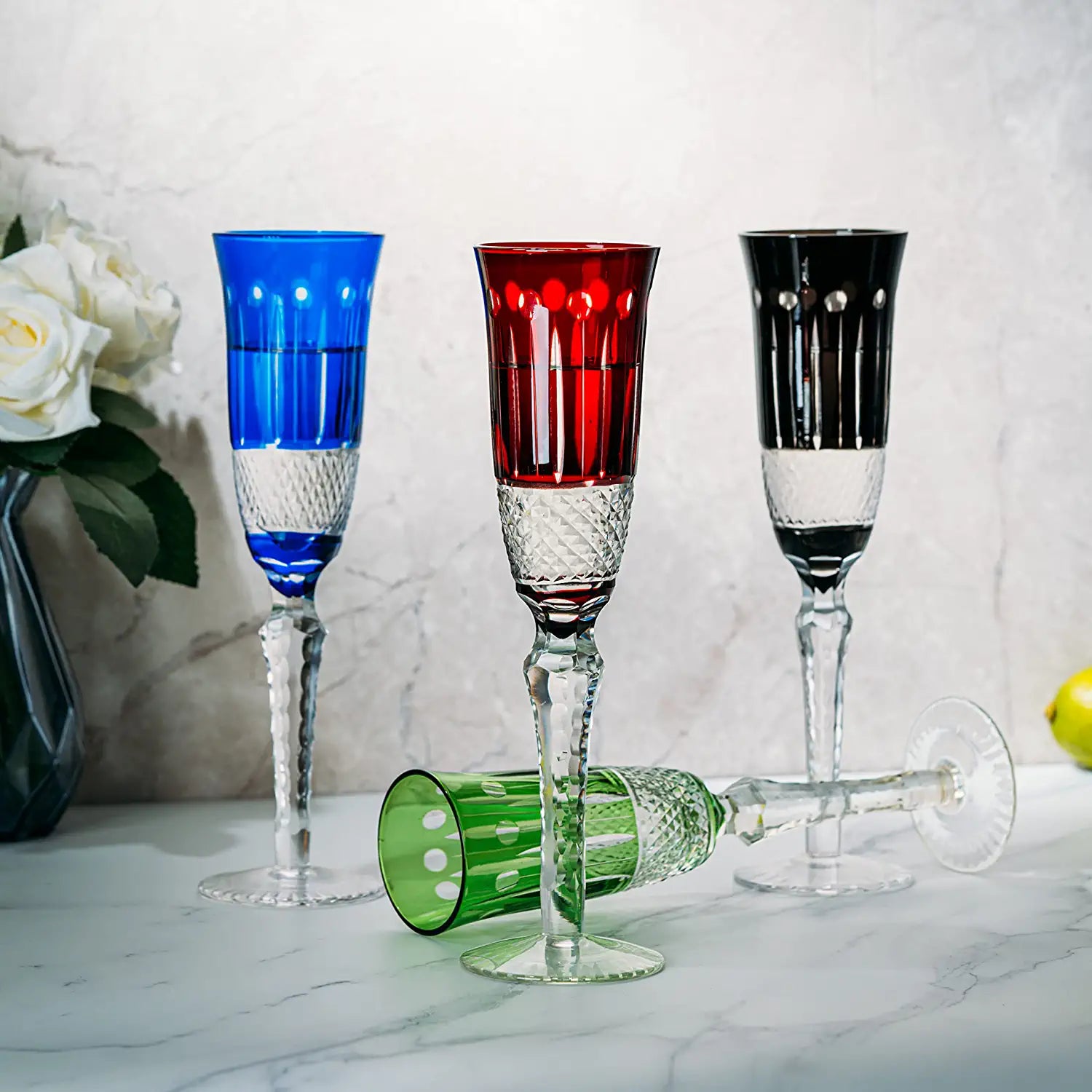 The Wine Savant Crystal Italian Multicolor Design Flutes - 4 Set - 5oz 9" H Cocktail & Champagne Glassware Bohemian Venetian Style Red, Blue, Green, Black Glasses, Dinners Parties, Bars & Weddings-2