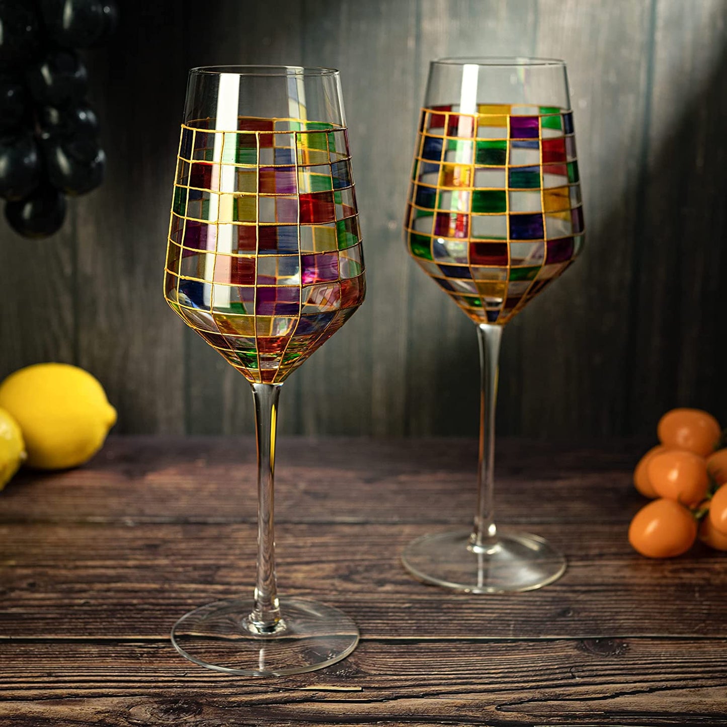 The Wine Savant Renaissance Stained Wine Glasses Set of 2 Festive Colorful Coffee Cups, Multicolored, Home Bar Gift, Colored Drinkware, Rainbow Glassware (Stemmed)-3