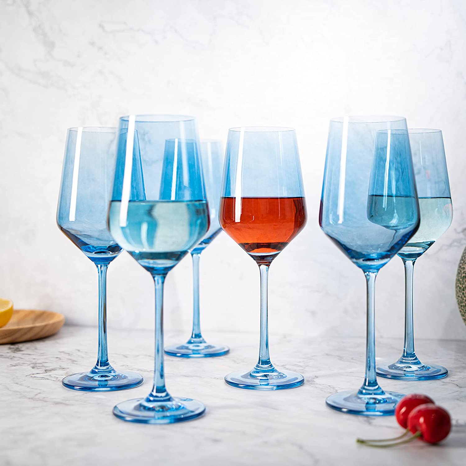 Colored Wine Glass Set, 12oz Glasses Set of 6 Baby Shower Gender Reveal Boy or Girl Decor Baby Announcement Unique Italian Style Tall Stemmed for White & Red Wine Elegant Glassware (Cobalt Blue)-2