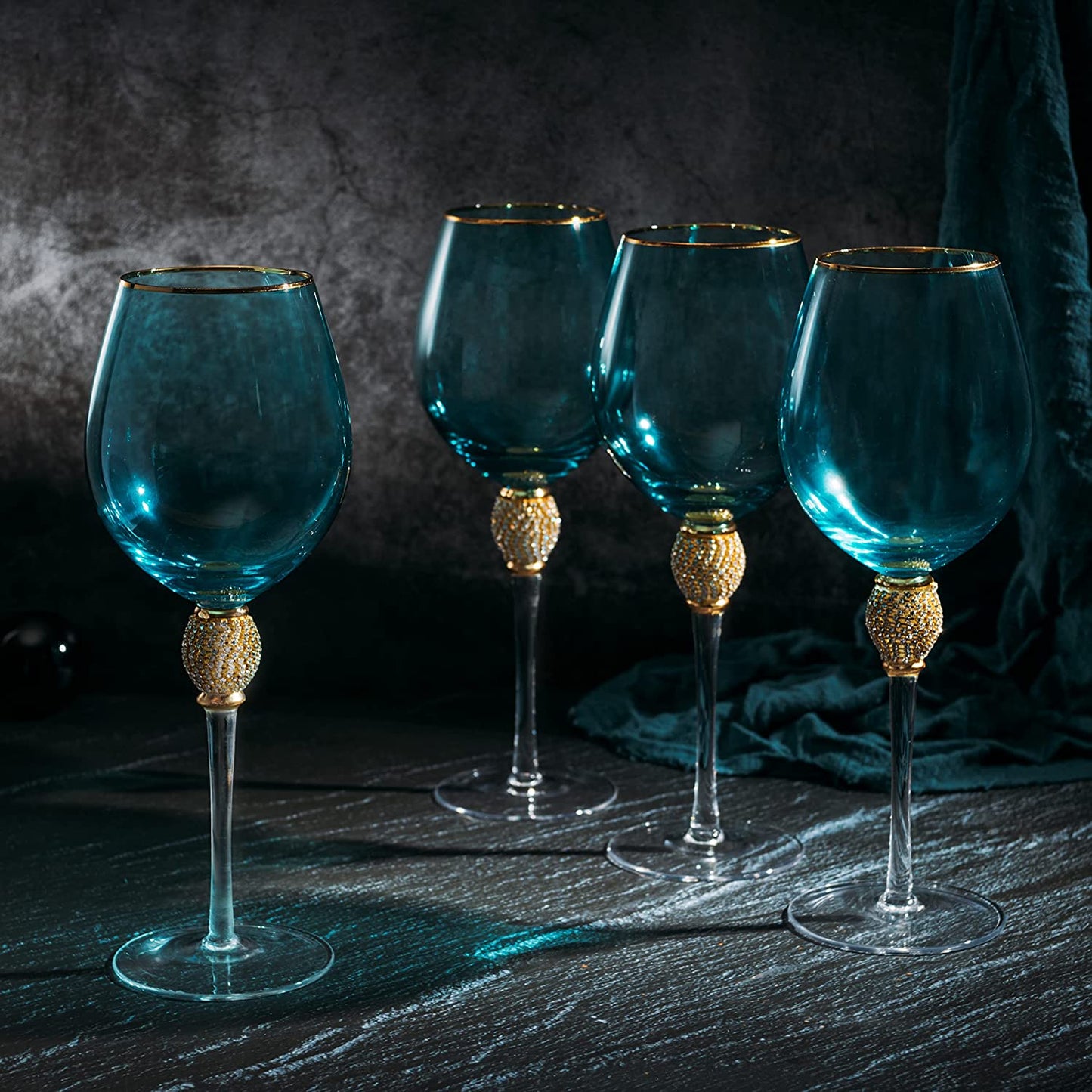 The Wine Savant Large Diamond Wine Glasses, 10" H Gold Rim Rhinestone Diamond Glasses - Wedding Glasses - 18 Ounce, Premium Designed Wine Glasses for Spirits and Wine, Gift Boxed (4, Blue)-2
