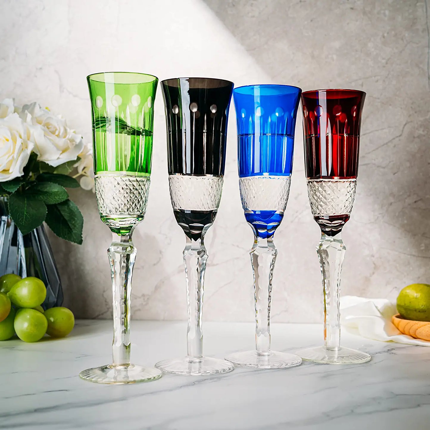 The Wine Savant Crystal Italian Multicolor Design Flutes - 4 Set - 5oz 9" H Cocktail & Champagne Glassware Bohemian Venetian Style Red, Blue, Green, Black Glasses, Dinners Parties, Bars & Weddings-1