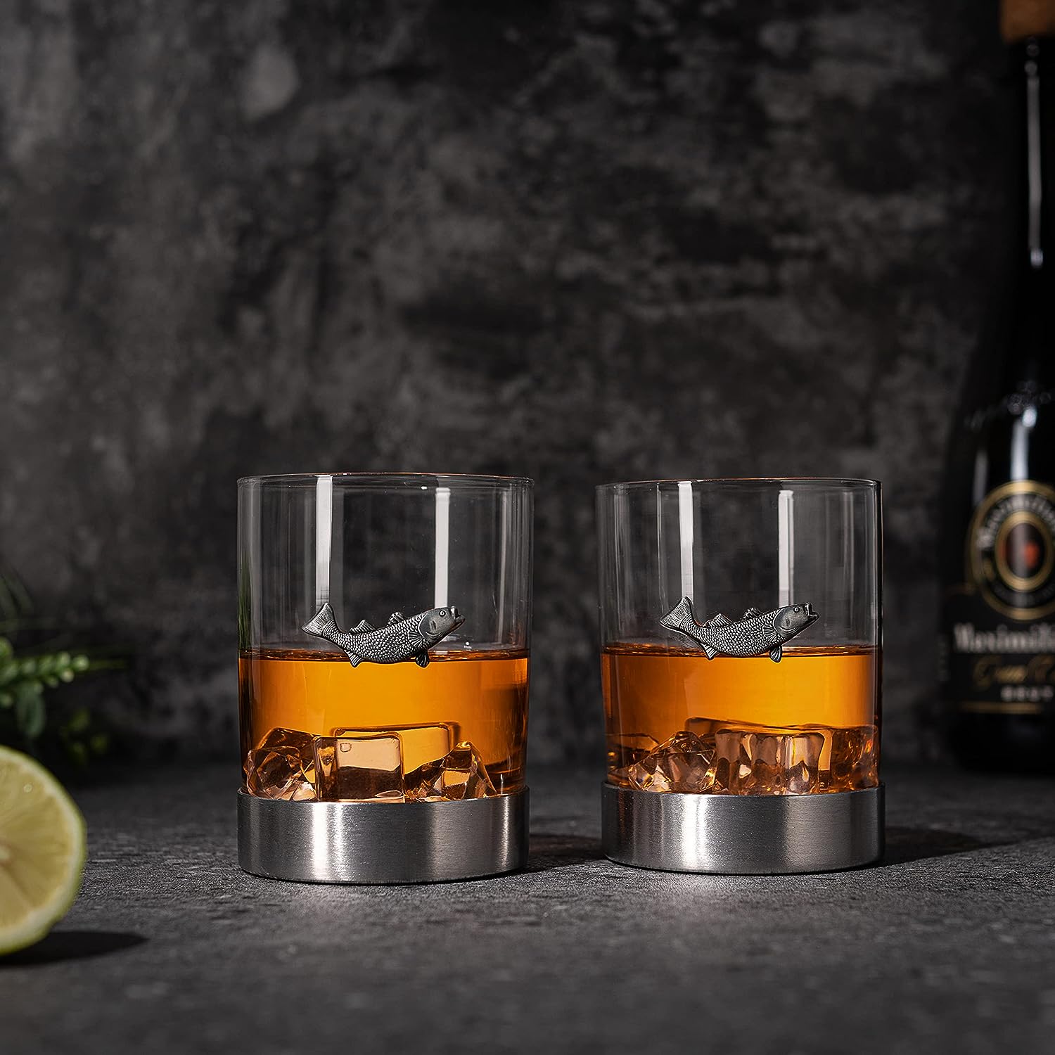 Fish Whiskey, Wine & Water Glasses Set of 2, Double Tumbler Trout Fishing Set - Fisherman Gifts, Old Fashioned Whiskey, Rum, Brandy, Scotch Glasses, Fathers Day 11 OZ, Gifts for Men, Dad-2