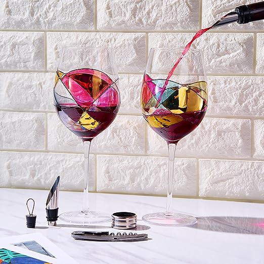 Painted STEMMED wine glass box set - opener, stopper, drip ring, wine pourer - 2 glasses-1