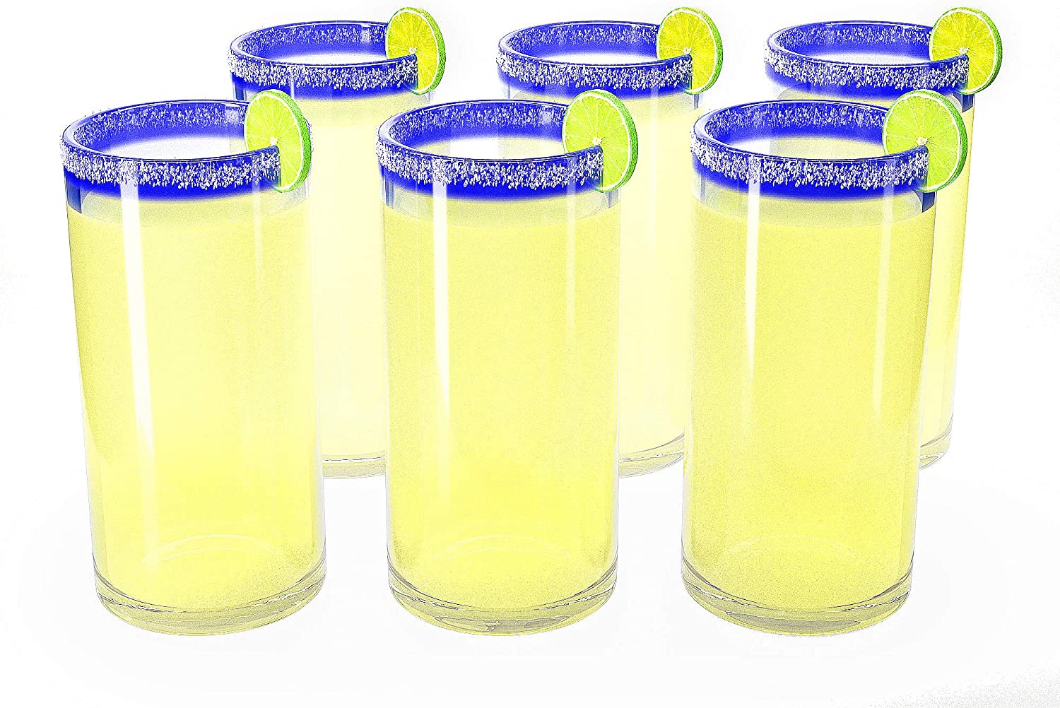 Hand Blown Blue Mexican Drinking Glasses and Pitcher – Set of 6 with Mexican Blue Rim Design (14 oz each) and Pitcher (84 Ounces) Mexico Cobalt Blue Carafe Designs Margarita and Lemonade-2