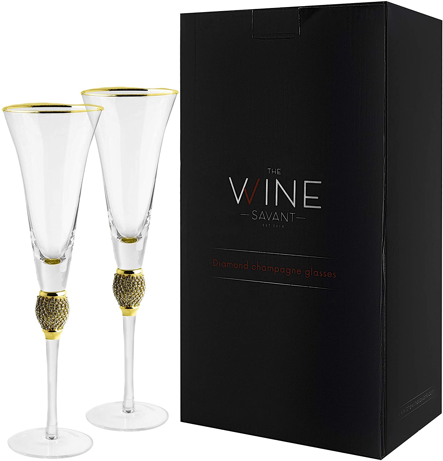 The Wine Savant Diamond Champagne Flutes Set of 2 Glasses, Dimond Rhinestone Studded Long Stem, 7oz, Premium Designed Champagne Glasses for Spirits and Wine, Gift Boxed-2
