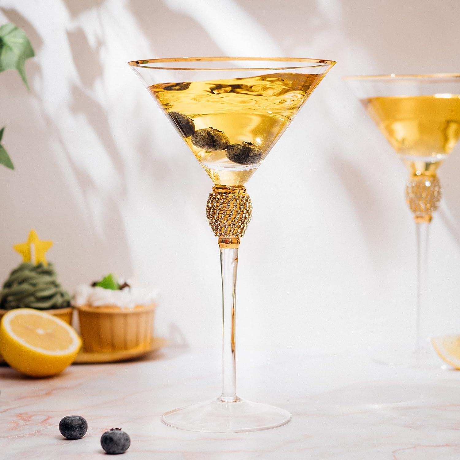 Diamond Collection 2 Piece Stemmed Martini Set - Rhinestone For Drinking Martinis, Manhattans, Vodka, Gin, Cocktails Gold Accent Cocktail Glasses, Perfect For Any Bar or Party 10oz - Swarovski Style-2
