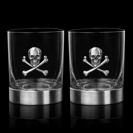Skull & Skeleton Crossbones Pewter Whiskey & Wine Drinking Glasses - 11oz Set of 2 - Water, Rum, Brandy & Scotch Glass, Elegant, Skeleton Crystal Cup, Gifts for Men & Women, Old Fashioned Glass-0