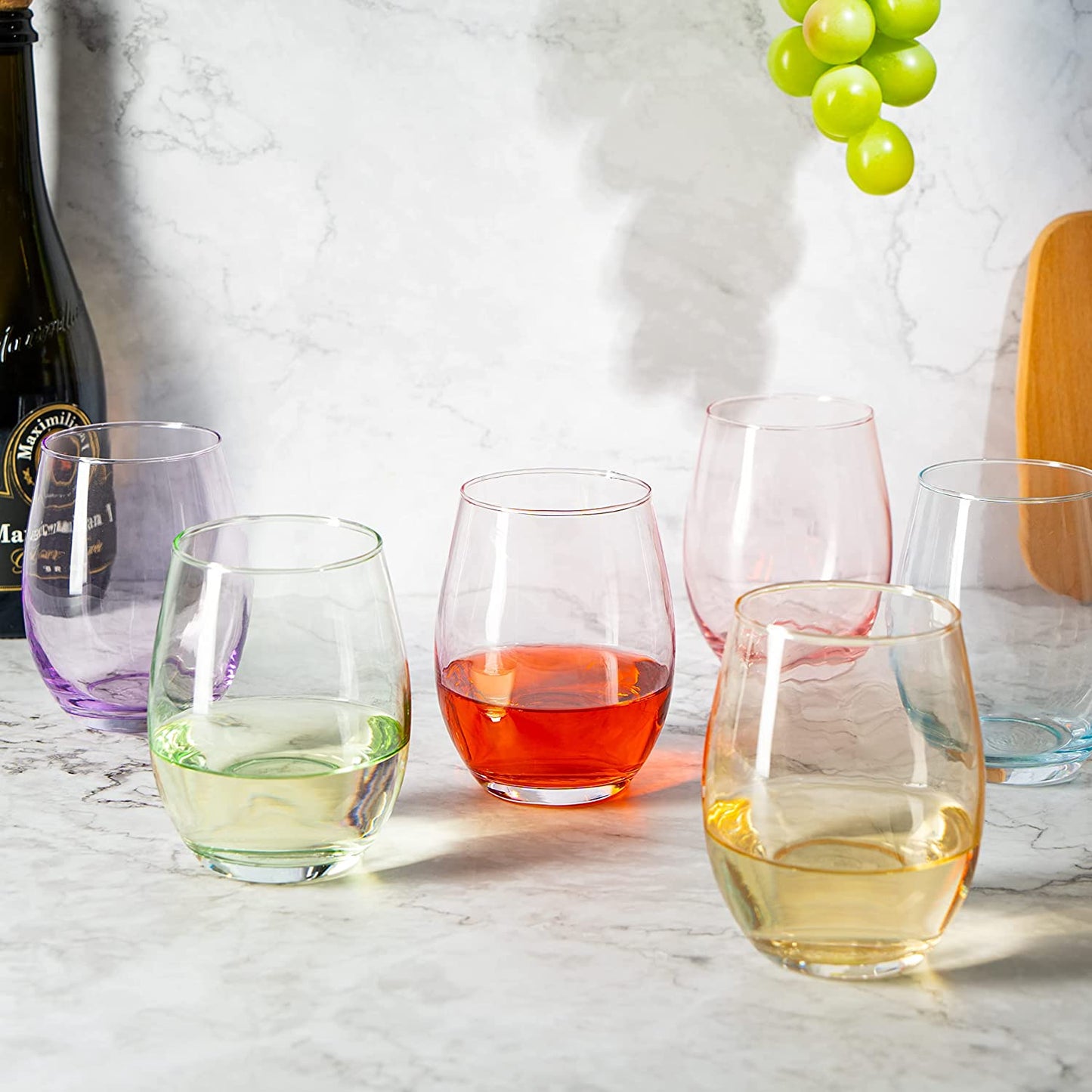 Colored Wine Glass Set, Large 12 oz Glasses Set of 6, Unique Italian Style Tall Stemless for White& Red Wine, Water, Margarita Glasses, Color Tumbler, Beautiful Glassware (Stemless)-2