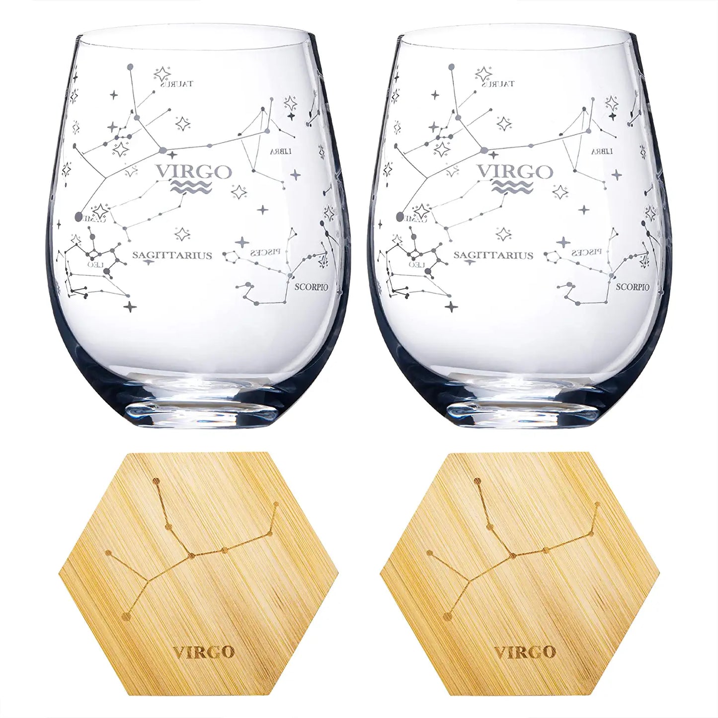 Set of 2 Zodiac Sign Wine Glasses with 2 Wooden Coasters by The Wine Savant - Astrology Drinking Glass Set with Etched Constellation Tumblers for Juice, Water Home Bar Horoscope Gifts 18oz (Virgo)-4