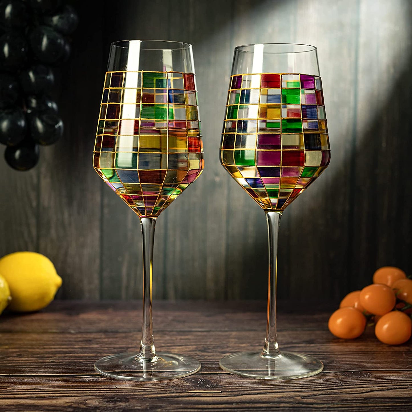 The Wine Savant Renaissance Stained Wine Glasses Set of 2 Festive Colorful Coffee Cups, Multicolored, Home Bar Gift, Colored Drinkware, Rainbow Glassware (Stemmed)-1