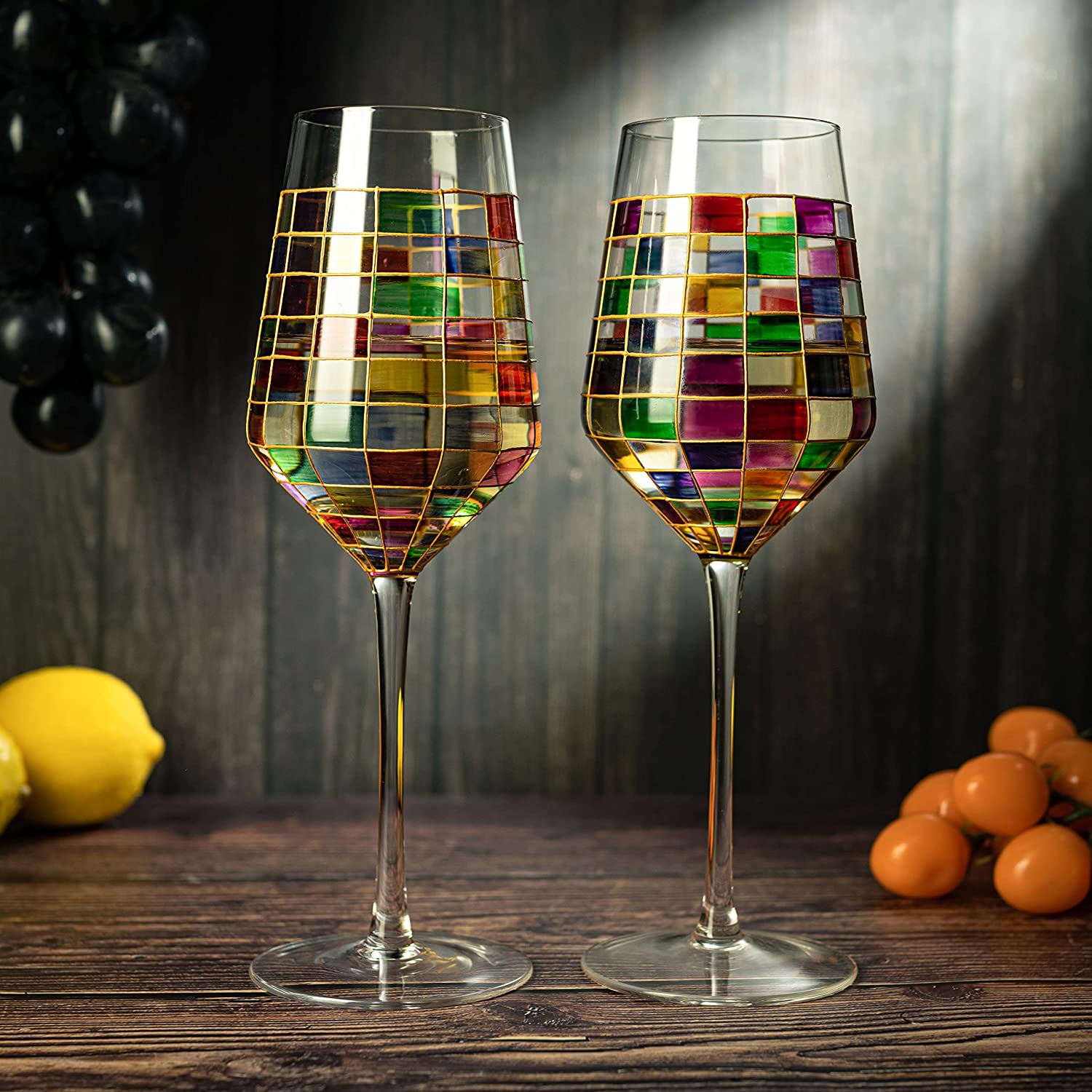 The Wine Savant Renaissance Stained Wine Glasses Set of 2 Festive Colorful Coffee Cups, Multicolored, Home Bar Gift, Colored Drinkware, Rainbow Glassware (Stemmed)-1