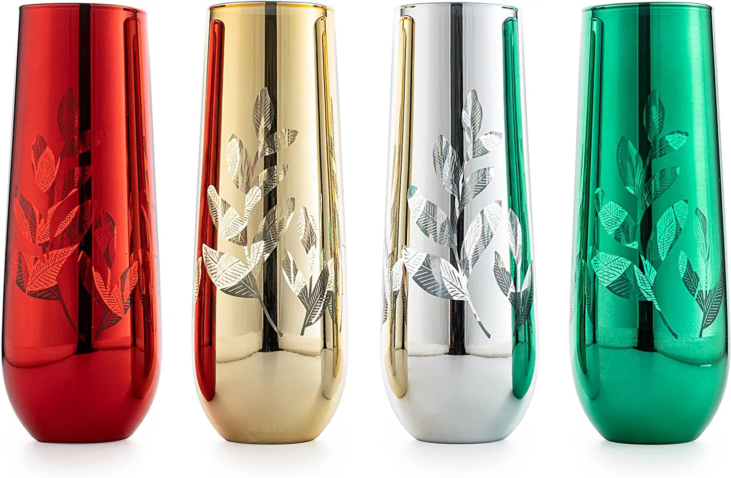 Multicolor 4-Piece Tree Stemless Wine & Water Glasses - Shining Red Green Yellow Silver, Perfect for Parties, Glass Trees Decor, Kitchen Home Decorations (Flutes)-4