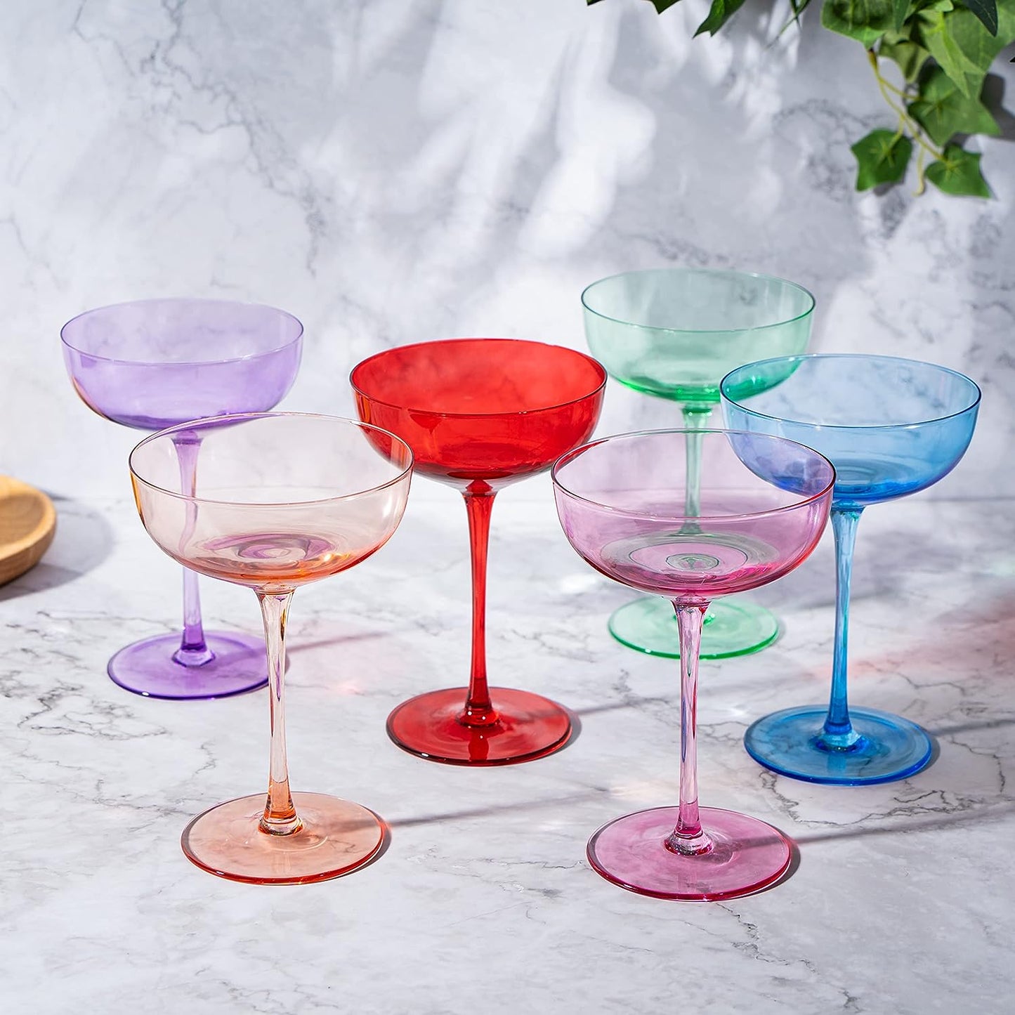Colored Coupe Glasses | Set of 6 | 7 oz Classic Cocktail Glassware for Champagne, Martini, Manhattan, Cosmopolitan, Crystal Speakeasy Style Goblets Stems, Elegantly Color (Classic Multicolor)-1