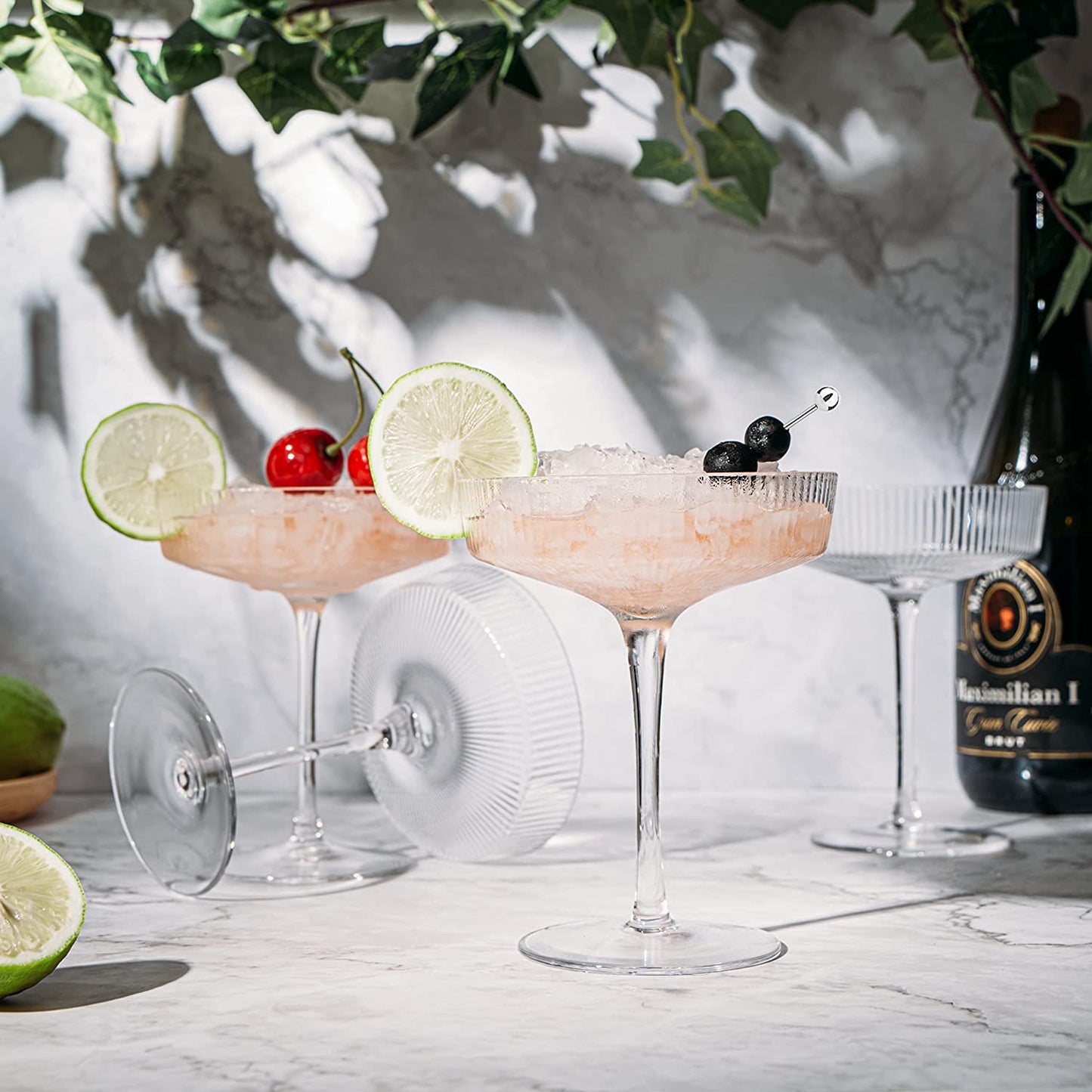 Ribbed Coupe Cocktail Glasses 8 oz | Set of 4 | Classic Manhattan Glasses For Cocktails, Champagne Coupe, Ripple Coupe Glasses, Art Deco Gatsby Vintage, Crystal with Stems (Clear)-2