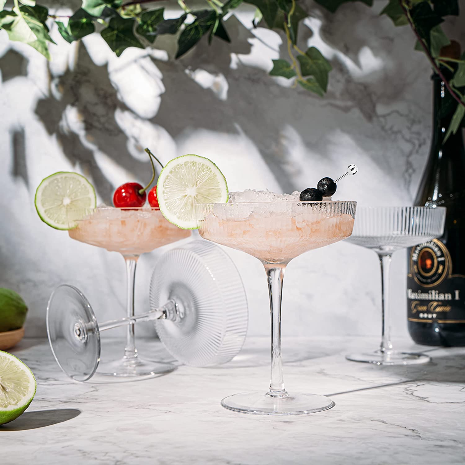 Ribbed Coupe Cocktail Glasses 8 oz | Set of 4 | Classic Manhattan Glasses For Cocktails, Champagne Coupe, Ripple Coupe Glasses, Art Deco Gatsby Vintage, Crystal with Stems (Clear)-2