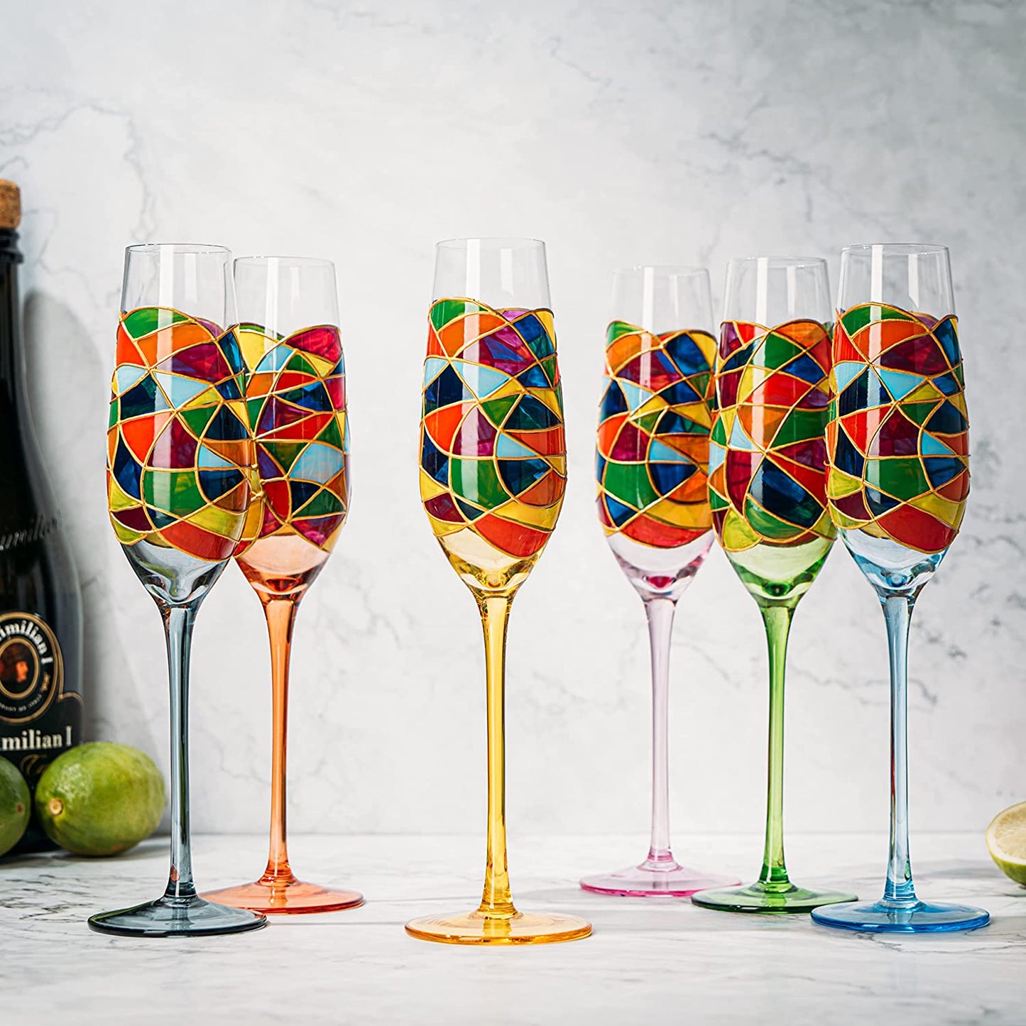 Stained Glass Champagne Flutes Set of 6 Hand Painted - Wine Savant - Hand Blown 7 Ounce Colorful Renaissance Champagne Glasses - 10.2" Tall, 2.7" Diameter Rainbow Multicolor Design Glassware-1
