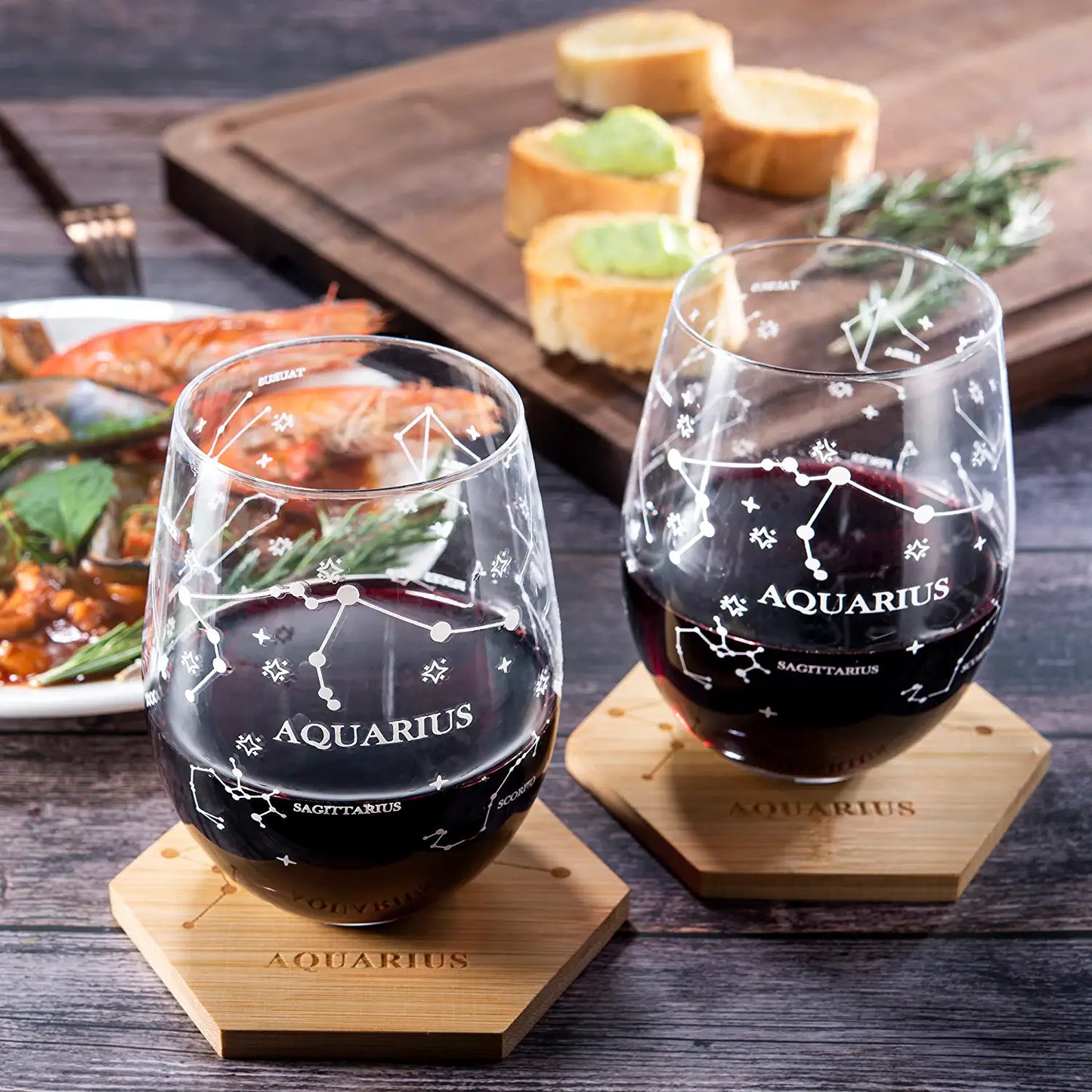 Set of 2 Zodiac Sign Wine Glasses with 2 Wooden Coasters by The Wine Savant - Astrology Drinking Glass Set with Etched Constellation Tumblers for Juice, Water Home Bar Horoscope Gifts 18oz (Aquarius)-1