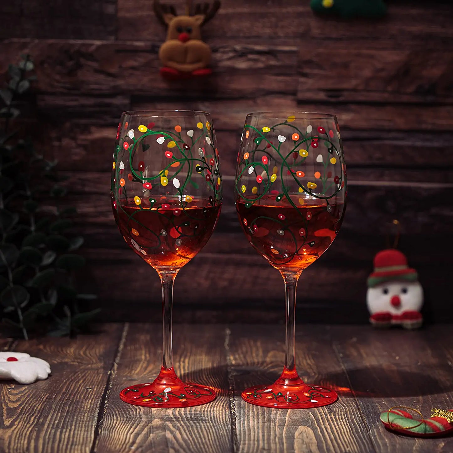 Stemmed Christmas Lights Wine Glasses Set of 2 - Hand Painted Wine Glass Ornament Light Bulbs Glasses, Perfect for Wine, Champagne, Holiday Parties and Festivities - 9.5" High, 21 oz Capacity-1