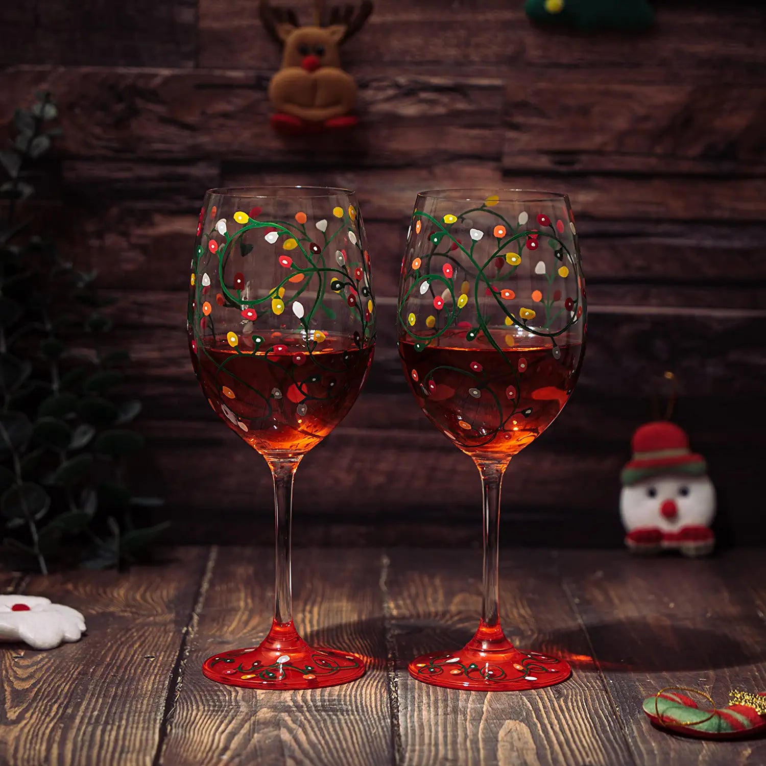 Stemmed Christmas Lights Wine Glasses Set of 2 - Hand Painted Wine Glass Ornament Light Bulbs Glasses, Perfect for Wine, Champagne, Holiday Parties and Festivities - 9.5" High, 21 oz Capacity-1