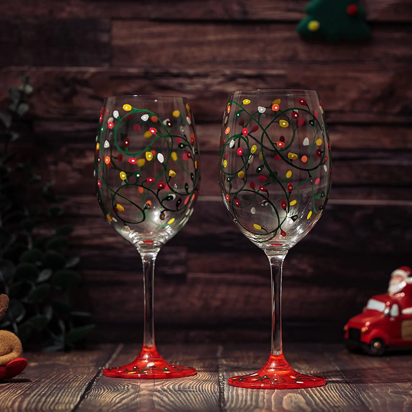 Stemmed Christmas Lights Wine Glasses Set of 2 - Hand Painted Wine Glass Ornament Light Bulbs Glasses, Perfect for Wine, Champagne, Holiday Parties and Festivities - 9.5" High, 21 oz Capacity-3