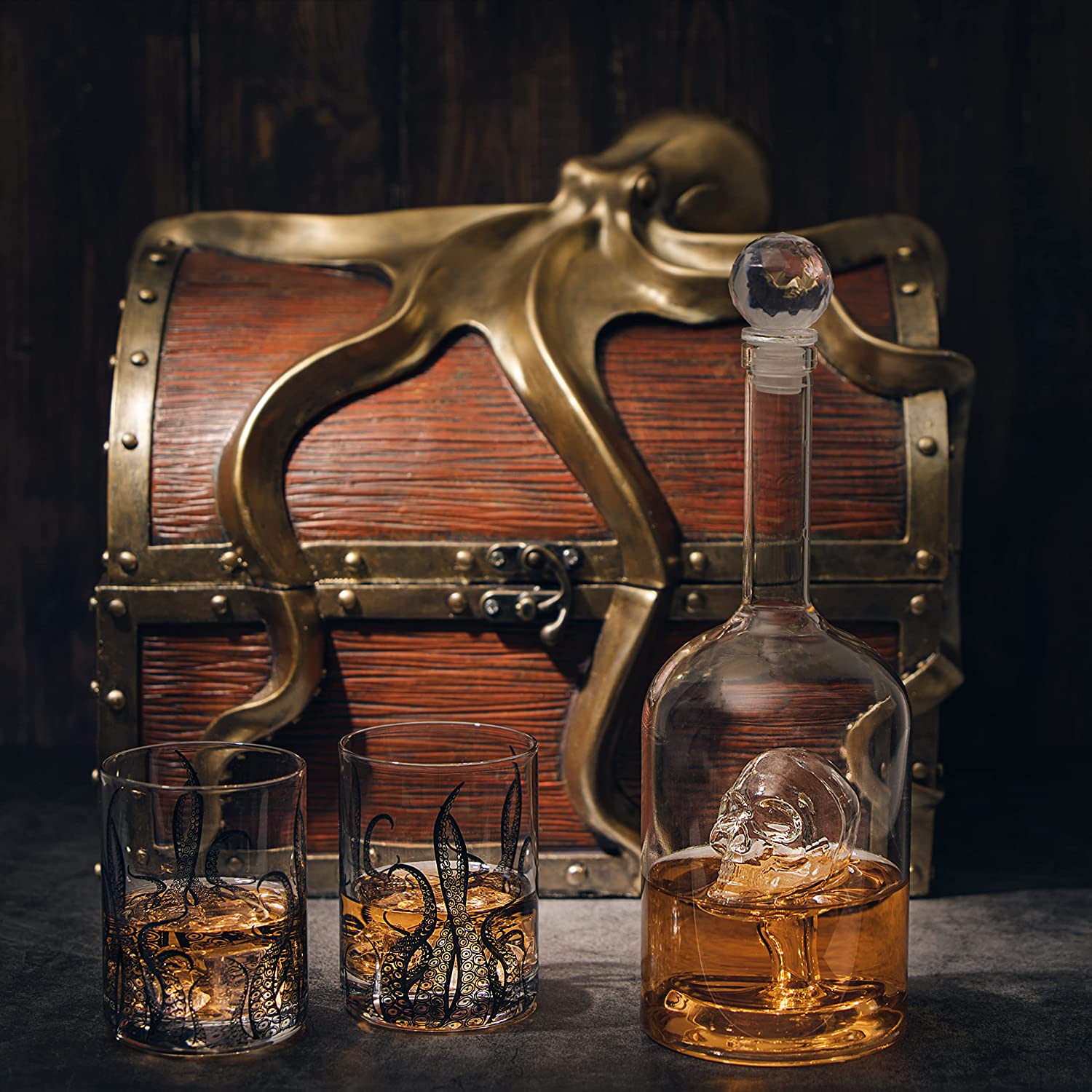 Octopus Kraken Chest Wine & Whiskey Decanter Set with 2 Glasses by The Wine Savant - Extraordinary Detail - Whiskey Gift Sets, Wine Gift Sets, Nautical Gifts, Kraken Sea, Sea Lover Gifts-3