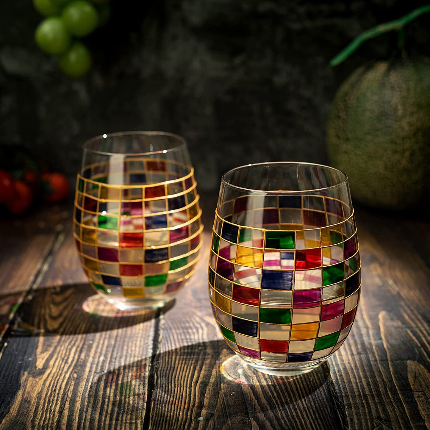 Renaissance Stained Wine Glasses Set of 2 by The Wine Savant - Festive Colorful Coffee Cups, Stained Window, Multicolored, Home Bar Gift, Colored Drinkware, Rainbow Glassware (Stemless)-3