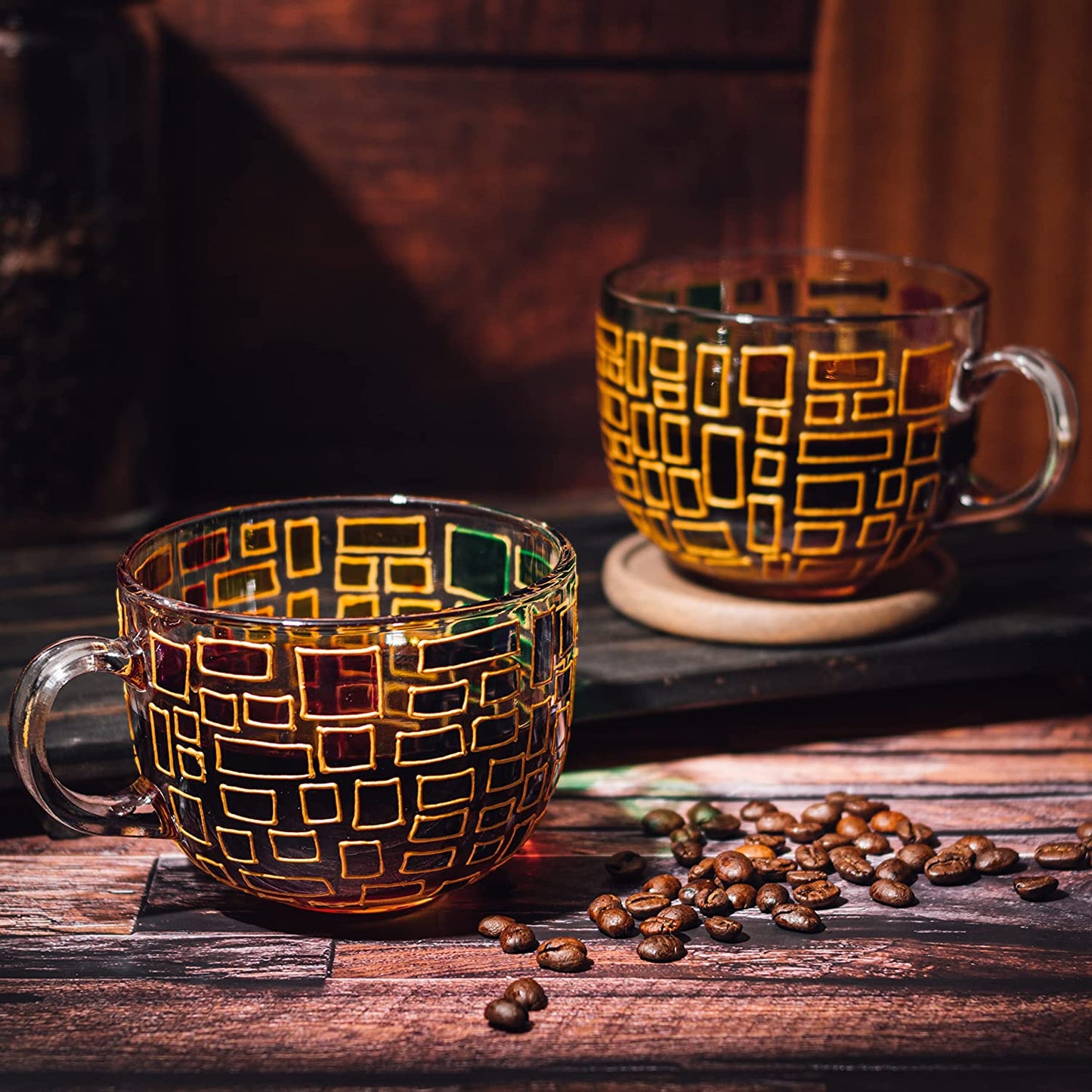 The Wine Savant Renaissance Stained Glass Windows Mugs, Artisanal Hand Painted Set of 2 - Gift Idea for Her, Him, Birthday, Mom, Housewarming - Art Deco Coffee and Tea Set 3.5" H X 4" W (Mugs)-1