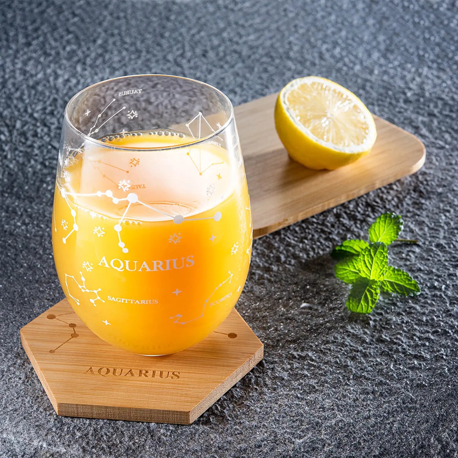 Set of 2 Zodiac Sign Wine Glasses with 2 Wooden Coasters by The Wine Savant - Astrology Drinking Glass Set with Etched Constellation Tumblers for Juice, Water Home Bar Horoscope Gifts 18oz (Aquarius)-2