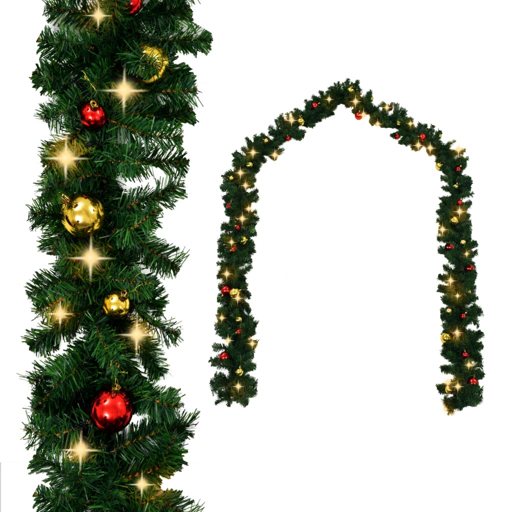vidaXL Christmas Garland Artificial Garland with Baubles and LED Lights Green-2