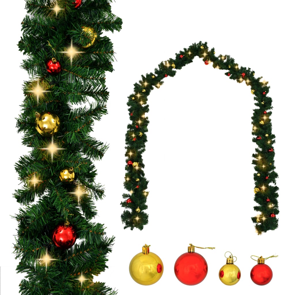 vidaXL Christmas Garland Artificial Garland with Baubles and LED Lights Green-9