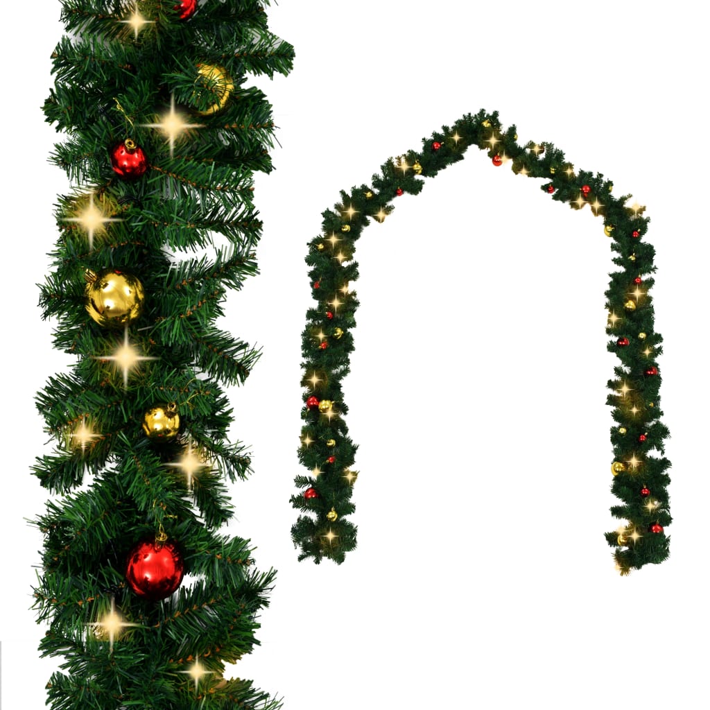 vidaXL Christmas Garland Artificial Garland with Baubles and LED Lights Green-10