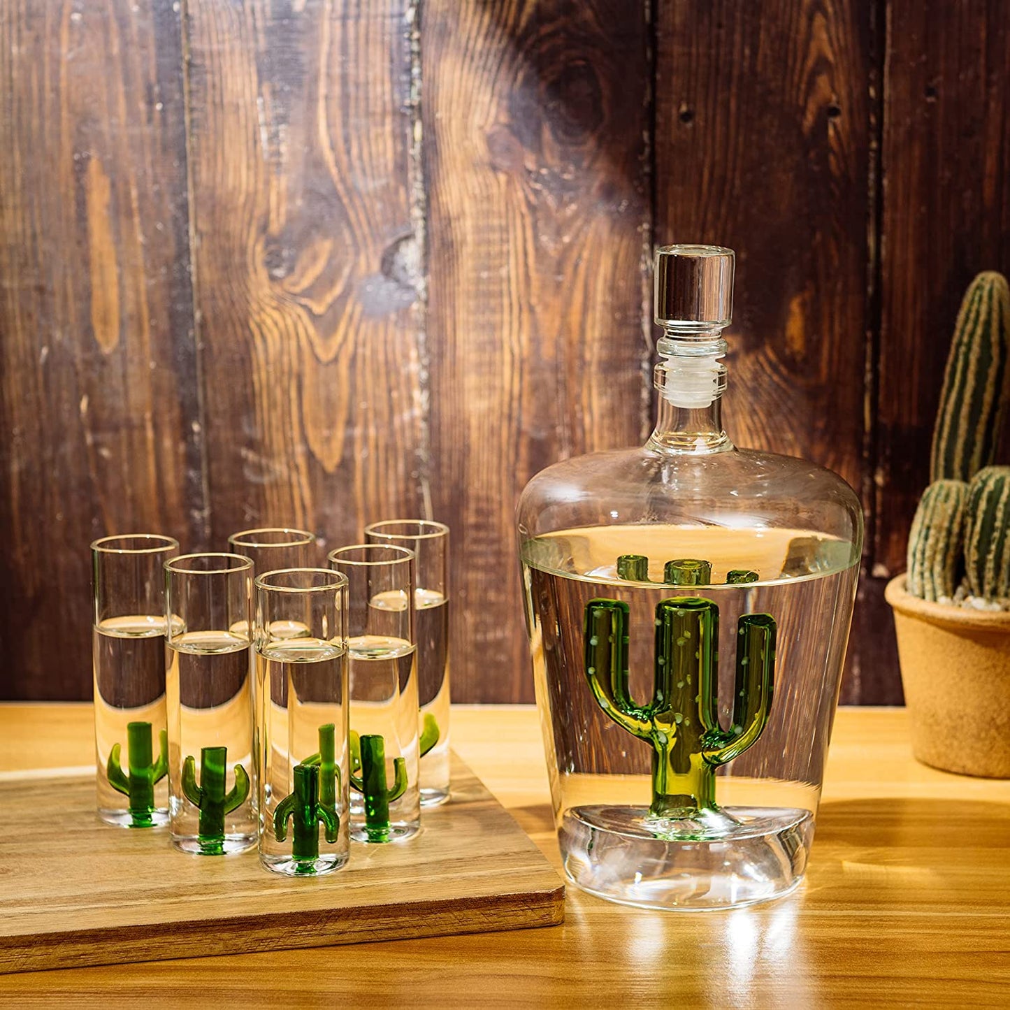 Tequila Decanter Set with Cactus Decanter and 6 Cactus Shot Glasses Set, Perfect for Holiday Gifts for Tequila Lovers, 25 Ounce Bottle, 3 Ounce Shot Glasses Cinco De Mayo, Reposado Gift (Cactus)-1