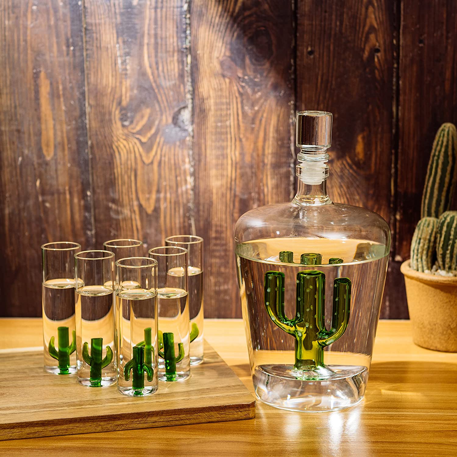 Tequila Decanter Set with Cactus Decanter and 6 Cactus Shot Glasses Set, Perfect for Holiday Gifts for Tequila Lovers, 25 Ounce Bottle, 3 Ounce Shot Glasses Cinco De Mayo, Reposado Gift (Cactus)-1