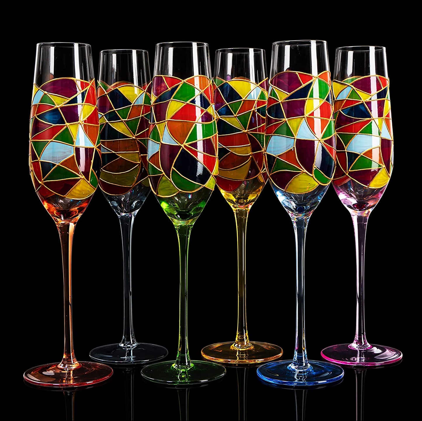 Stained Glass Champagne Flutes Set of 6 Hand Painted - Wine Savant - Hand Blown 7 Ounce Colorful Renaissance Champagne Glasses - 10.2" Tall, 2.7" Diameter Rainbow Multicolor Design Glassware-5