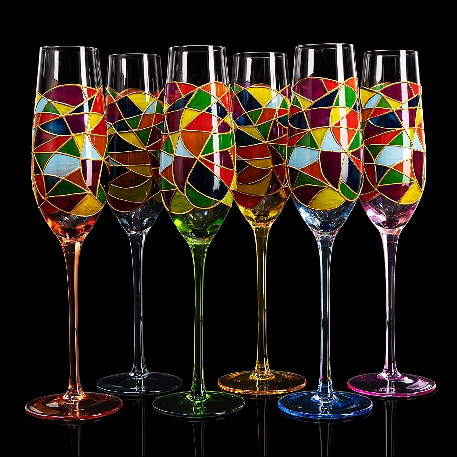 Stained Glass Champagne Flutes Set of 6 Hand Painted - Wine Savant - Hand Blown 7 Ounce Colorful Renaissance Champagne Glasses - 10.2" Tall, 2.7" Diameter Rainbow Multicolor Design Glassware-5
