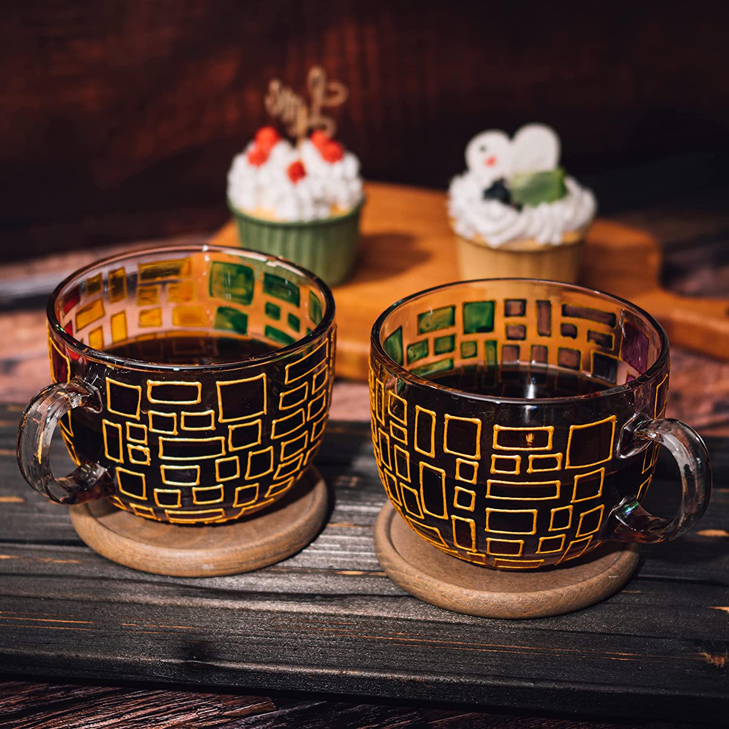 The Wine Savant Renaissance Stained Glass Windows Mugs, Artisanal Hand Painted Set of 2 - Gift Idea for Her, Him, Birthday, Mom, Housewarming - Art Deco Coffee and Tea Set 3.5" H X 4" W (Mugs)-3