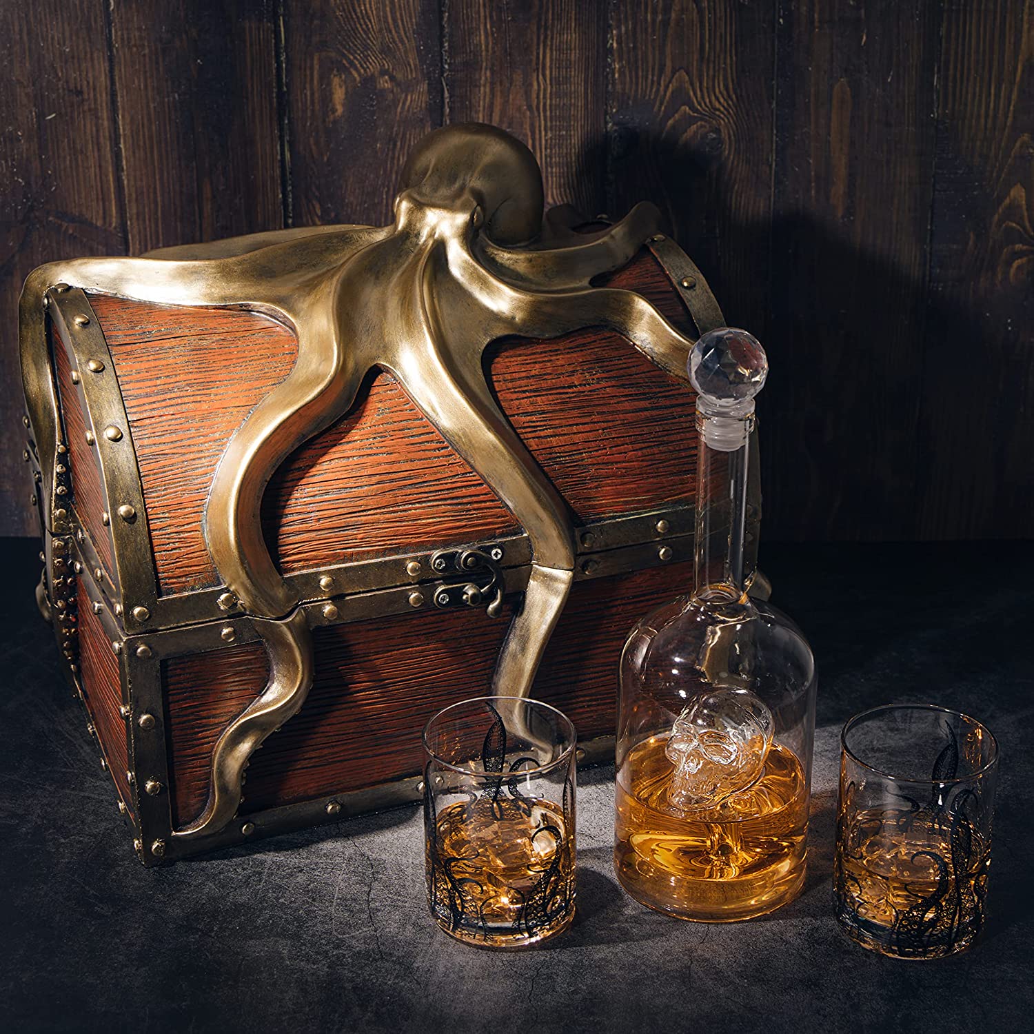 Octopus Kraken Chest Wine & Whiskey Decanter Set with 2 Glasses by The Wine Savant - Extraordinary Detail - Whiskey Gift Sets, Wine Gift Sets, Nautical Gifts, Kraken Sea, Sea Lover Gifts-1