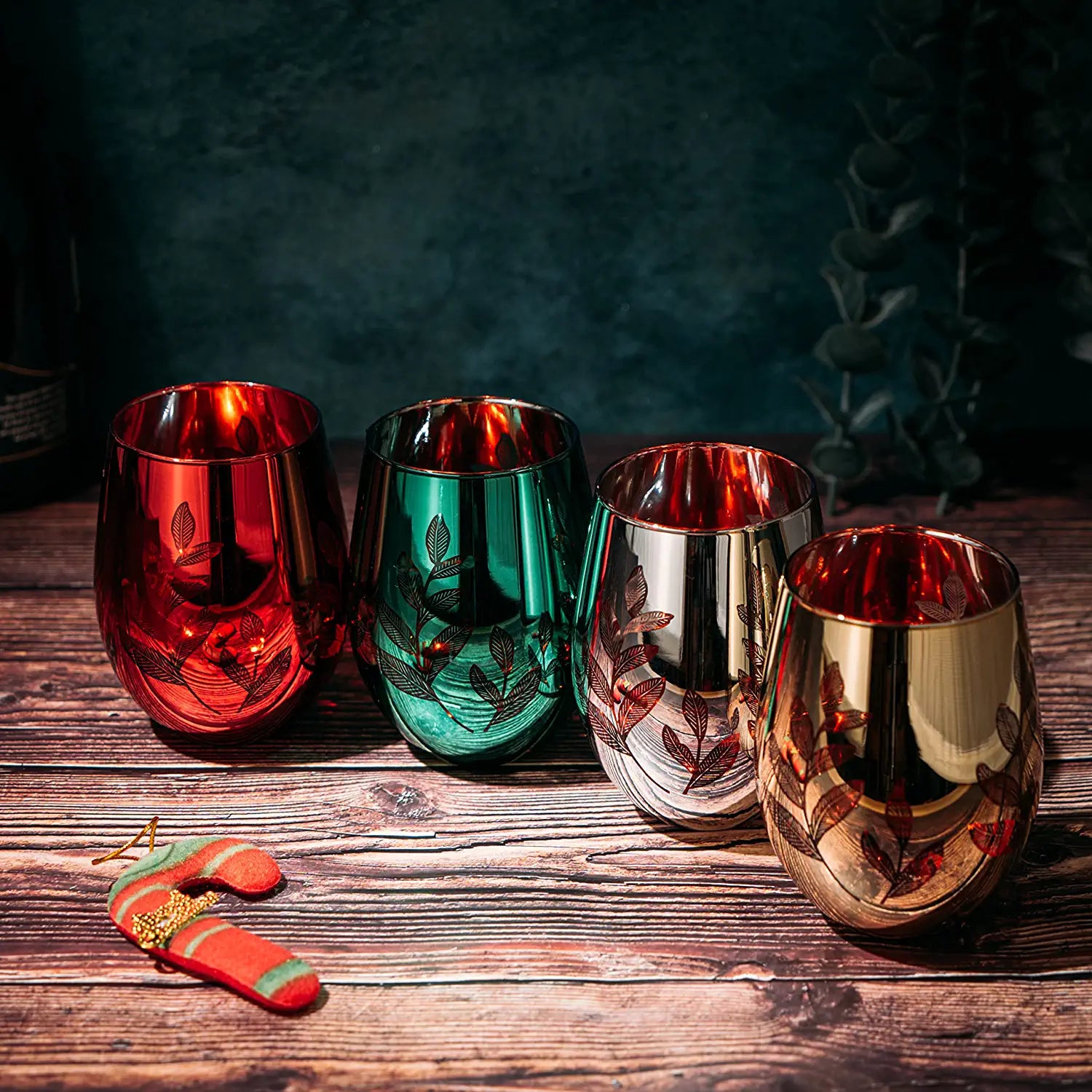 Multicolor 4-Piece Tree Stemless Wine & Water Glasses - Shining Red Green Yellow Silver, Housewarming Gift For Her, Him Party Décor, Colored Glass Trees Décor, Kitchen Home Decoration (Stemless)-3